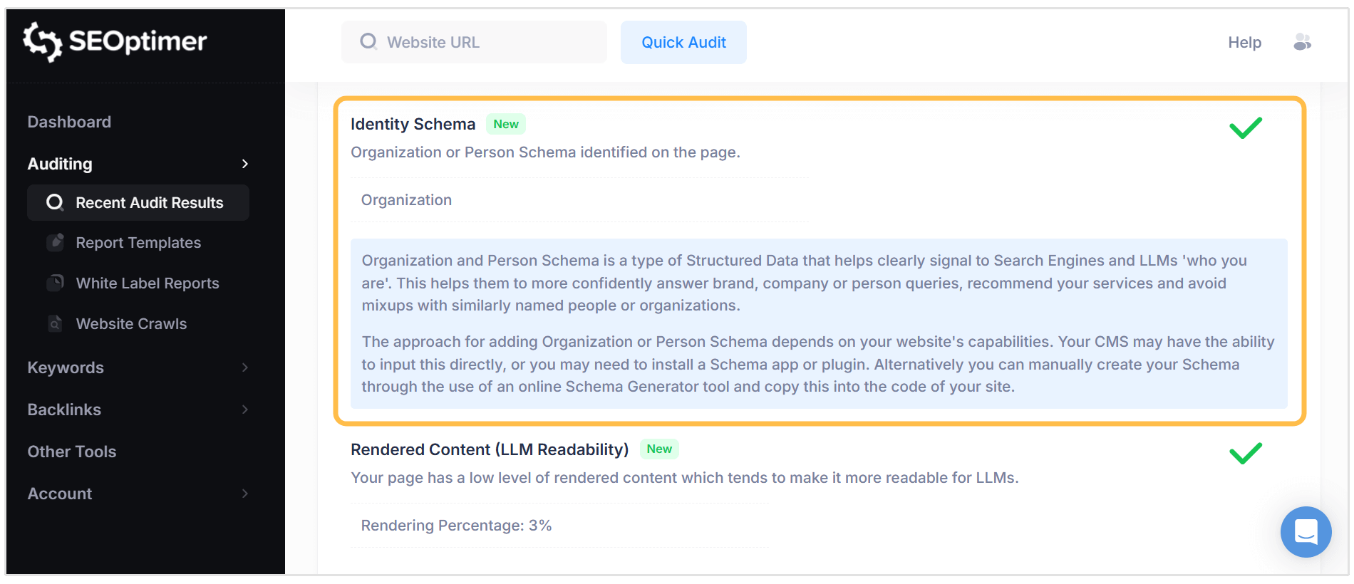 Valider le schéma avec un audit SEO de SEOptimer