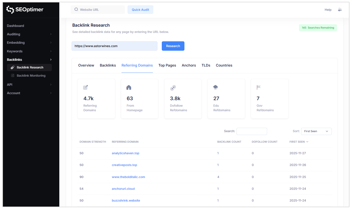 Referring Domain count in SEOptimer