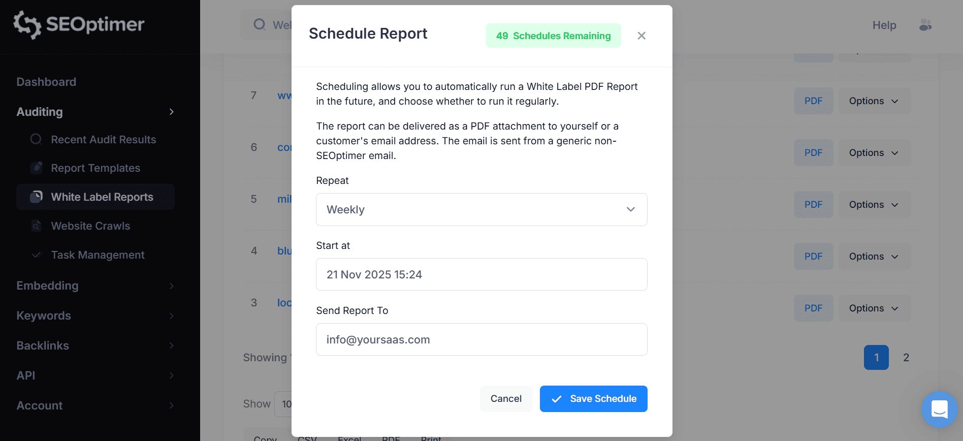 Set up scheduled reports in SEOptimer